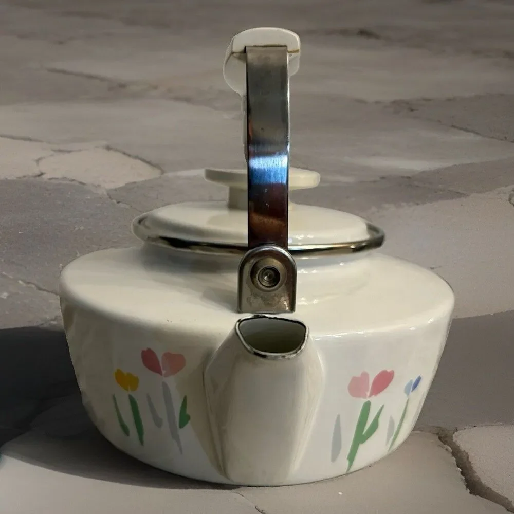 Vintage 1980’s Studio Nova Fresh Mint Enamel Tea Kettle 2qt w/Lid Flowers Japan
